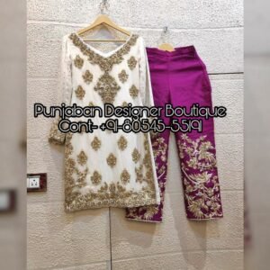 Buy trouser suits online from Punjaban Designer Boutique in India, USA, UK, Canada and Australia. Latest collection of trouser salwar suits for women.